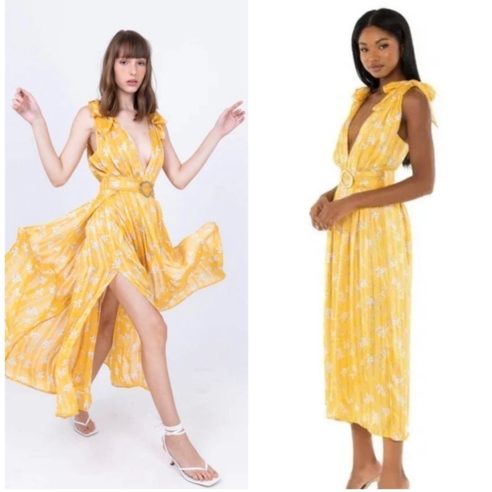 Sabina Musayev Kimber Floral Metallic Plunge Yellow Floral  Midi Dress XS